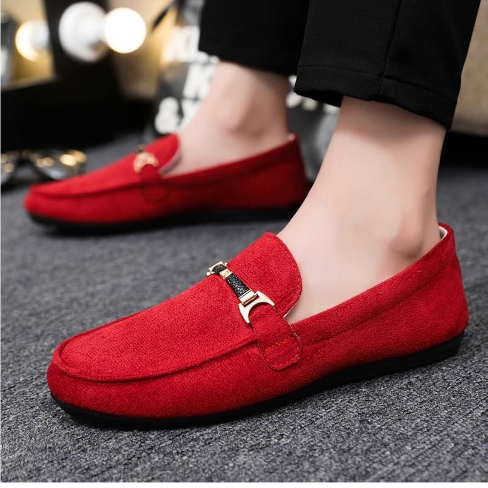 NEW Men’s Red Faux Suede Driving Shoes Moccasins Size 44/10 HoaloX